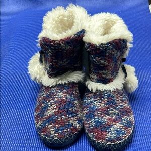 Blue and Red Cozy Slippers with Faux Fur Trim